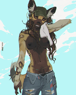 anthro areola athletic athletic_anthro athletic_female baseball_cap beaded_jewelry beads belly_chain belly_tuft biped black_areola black_nipples black_nose bottomwear bracelet breasts brown_body brown_fur brown_hair casual_exposure clothed clothed_anthro clothed_female clothing cross cross_necklace cross_pendant denim denim_bottomwear denim_clothing digit_ring ear_piercing ear_ring facial_piercing female female_anthro finger_ring fingers front_view fur furgonomic_hat furgonomic_headwear furgonomics green_baseball_cap green_clothing green_hat green_headwear grey_bottomwear grey_clothing grey_inner_ear_fluff grey_jeans grey_pants grey_tuft grin grinning_at_viewer hair hat headgear headwear holding_object holding_towel hoop_ear_ring inner_ear_fluff jeans jewelry long_hair looking_at_viewer medium_breasts multicolored_body multicolored_fur navel necklace nipples nose_piercing nose_ring orange_eyes pants piercing pose pupils ring_piercing septum_piercing septum_ring sky slim slim_anthro slim_female smile smiling_at_viewer solo tail tan_body tan_fur teeth teeth_showing text topless topless_anthro topless_female torn_bottomwear torn_clothing torn_jeans torn_pants towel tuft hale. mari_(akachi) african_wild_dog canid canine mammal 2025 4:5 artist_name digital_media_(artwork) pinup portrait three-quarter_portrait