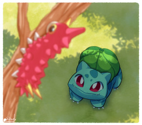 ambiguous_gender duo feral grass green_body high-angle_view looking_up plant quadruped red_body red_eyes spikes spikes_(anatomy) tree vaporotem nintendo pokemon bulbasaur generation_1_pokemon generation_3_pokemon pokemon_(species) wurmple 2026 digital_media_(artwork) hi_res