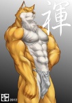 abs anthro biceps biped bottomwear brown_body brown_fur bulge clothed clothing fur loincloth male muscular muscular_anthro muscular_male nipples pecs pose solo standing text topless underwear white_body white_fur bomb_(artist) bleach_(series) sajin_komamura canid canine canis mammal wolf 2012 hi_res