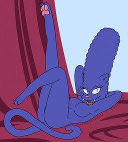 alternate_species anthro big_breasts blue_body blue_hair breasts eyelashes fangs featureless_breasts female female_anthro gem hair hands_behind_head jewelry looking_at_viewer lying mature_female necklace nude nude_anthro nude_female on_back one_leg_up pawpads pearl_(gem) pearl_necklace pink_nose raised_leg simple_background solo tail teeth thick_thighs steampunkseahorse the_simpsons treehouse_of_horror cat_marge marge_simpson domestic_cat felid feline felis mammal pantherine 2020 hi_res