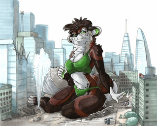 annoyed bottomwear bra breasts brown_body brown_fur brown_hair chest_tuft city cleavage clothed clothing destruction female flicking fluffy fluffy_tail fur green_clothing green_pawpads hair kneeling macro medium_truck multicolored_body multicolored_fur outside pawpads paws police police_vehicle rampage solo spots tail topwear truck tuft underwear van vehicle ewgengster eris_(armageddon_the_dutchie) felid leopard mammal pantherine traditional_media_(artwork)