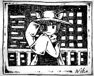 :3 ambiguous_gender camera city clothing hair hat headgear headwear kemono photo scarf shirt smile solo text topwear tunic whiskers co8 oneshot niko_(oneshot) animal_humanoid felid felid_humanoid feline feline_humanoid humanoid mammal mammal_humanoid english_text hi_res monochrome