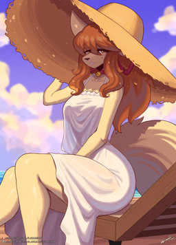 anthro biped black_nose breasts clothed clothing detailed_background dress female fingers fur hair hat headgear headwear jewelry looking_at_viewer necklace sitting solo tail teeth lyorenth-the-dragon undertale_(series) undertale_yellow ceroba_ketsukane canid canine fox mammal hi_res