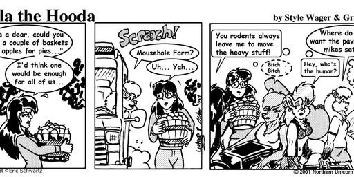 anthro apple breasts clothed clothed_female clothing dialogue drum eyeshadow eyewear female food fruit fur glasses group hair makeup midriff musical_instrument navel outside percussion_instrument plant profanity shirt tank_top text topwear vehicle style_wager dela_the_hooda christy_chipmunk darke_katt rags_(style_wager) ripley_rat sue_chan_(dela_the_hooda) chipmunk domestic_cat felid feline felis ground_squirrel human mammal mouse murid murine rat rodent sciurid 2001 comic english_text greyscale monochrome