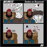 1:1 anthro bear clothing comic dialogue duo facial_hair felid frostbite_(rubberbuns) lion male male/male mammal muscular muscular_male pantherine pecs polar_bear rubberbuns ursine wildfire_(rubberbuns)