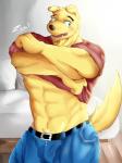 abs anthro bed bottomwear clothing denim denim_bottomwear denim_clothing fur furniture green_eyes inside jeans male muscular muscular_anthro muscular_male nipples open_mouth pants pecs shirt smile solo standing teeth topwear undressing yellow_body yellow_fur zupat canid canine canis domestic_dog mammal 2016 3:4 hi_res