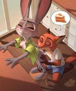 anthro areola bite biting_lip biting_own_lip bottomless bottomless_anthro bottomless_female bottomwear breasts butt cake clothed clothing cunnilingus dessert digit_ring duo eyes_closed feet female fingers food fur furniture grey_body grey_fur height_assist interspecies jewelry licking licking_lips looking_back looking_pleasured male male/female married_couple nipples open_clothing open_mouth open_shirt open_topwear oral panties panties_down partially_clothed pawpads ring self_bite self_lick sex shirt shorts smile speech_bubble standing stool tail teeth toes tongue tongue_out topwear underwear underwear_down vaginal wedding_ring nyeong disney zootopia judy_hopps nick_wilde canid canine canis fox lagomorph leporid mammal rabbit red_fox true_fox digital_media_(artwork) hi_res