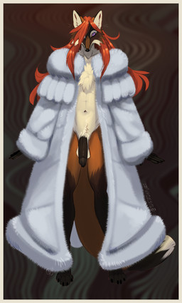 anthro balls black_nose border bottomless cheek_tuft chest_tuft clothed clothing coat coat_only crotch_tuft facial_tuft femboy flaccid flashing_penis fur genitals hair hair_over_eye hair_over_face leg_markings long_hair male markings mostly_nude navel penis pubes purple_eyes red_hair simple_background slim socks_(marking) solo topwear topwear_only tuft yellow_border twistedteeth ashmedai_ben_agrat canid canine demon fox hybrid mammal 2024 hi_res signature