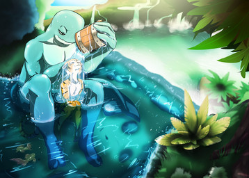 anthro bath bathing breasts bucket container desktop duo dwarfism female forest fur glistening green_eyes jungle lake larger_male male nude outside partially_submerged plant satisfied size_difference smaller_female smile stripes teeth tree water waterfall wet fly-sky-high tales_of_the_ashes_(series) grimmoro_(character) lao_tian_(character) aquatic cetacean felid fish mammal pantherine physeteroid sperm_whale tiger toothed_whale whale 2016 hi_res