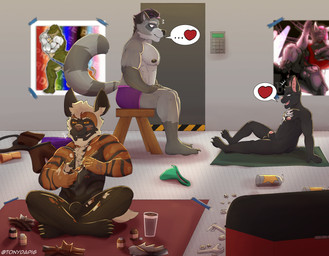 anthro balls breasts casual_nudity clothed clothing feet fur futuristic genitals group hair jockstrap male male/male metal_floor muscular muscular_male navel nipples nude painting_(object) penis poster smile tail trio underwear tonydapig hare hyena lagomorph leporid mammal procyonid rabbit raccoon spotted_hyena digital_media_(artwork) hi_res