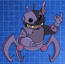 3_fingers 3_legs alternate_form ambiguous_gender antennae_(anatomy) black_body black_eyes black_nose blue_background cybernetic_arm cybernetic_leg cybernetic_limb cybernetics dipstick_antennae evil_grin fingers geometric_background grid_background machine multicolored_antennae notched_ear open_mouth open_smile pattern_background sharp_teeth simple_background smile solo standing teeth grassyeggroll disney lilo_and_stitch stitch! cyber_(stitch!) zero_(stitch!) alien cyborg experiment_(lilo_and_stitch) digital_drawing_(artwork) digital_media_(artwork) flat_colors hi_res watermark male_(lore)
