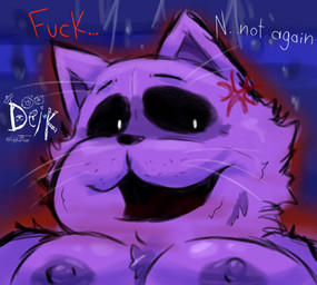 angry anthro breasts cross-popping_vein dark_eyes fluffy fur male nipples open_mouth purple_body purple_fur purple_nipples red_text simple_background smile solo text ugly-rat15508 mob_entertainment poppy_playtime smiling_critters catnap_(poppy_playtime) domestic_cat felid feline felis mammal digital_media_(artwork) hi_res
