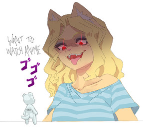 ambiguous_gender anthro blonde_hair clothing duo extreme_size_difference female glowing glowing_eyes hair pattern_clothing pattern_shirt pattern_topwear red_eyes shirt simple_background size_difference smile striped_clothing striped_shirt striped_topwear stripes text tongue tongue_out topwear white_background corablue menacing_(meme) cheese_quesadilla ych_(character) felid mammal 2026 digital_media_(artwork) english_text meme