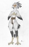 2020 4_toes accipitriform anisodactyl anthro avian avian_feet belt bird clothed clothing colored ecmajor eyelashes feathers feet female flat_chested hi_res open_mouth scales secretary_bird simple_background skimpy solo third-party_edit toes traditional_media_(artwork) white_background wide_hips
