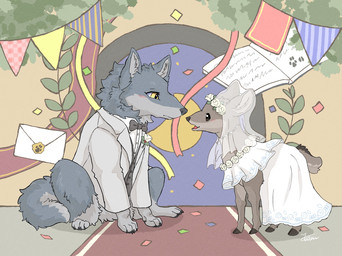 black_eyes blush bow_(feature) bow_tie brown_body brown_fur clothed clothed_feral clothing dress duo feet female feral flower formal_wear fur grey_body grey_fur hooves looking_at_another male paws plant quadruped sitting suit toes wedding wedding_dress white_clothing yellow_eyes fusau canid canine canis deer mammal wolf 2026 hi_res signature