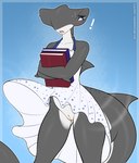 anthro blue_eyes blush bodily_fluids book bottomless clothed clothing dress embarrassed female fin freckles genitals gills grey_body grey_skin holding_book holding_object long_tail looking_at_viewer no_underwear open_mouth pussy solo sweat sweatdrop tail tail_fin upskirt white_clothing white_dress kitsunewaffles-chan abigail_(hazardtime) fish ground_shark hammerhead_shark marine shark 2023