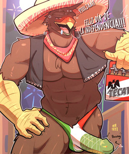 abs anthro beak beer_bottle bottle brown_body brown_feathers bubble bulge clothed clothing container detailed_bulge dialogue drunk drunk_bubble erection erection_under_clothing feathers flag_underwear genital_outline hand_on_hip hat headgear headwear holidays male mexican_flag mexico muscular muscular_anthro muscular_male open_beak open_mouth pecs penis_outline scuted_arms scutes skimpy solo sombrero speech_bubble substance_intoxication text topwear vest yayi_mr_(artist) accipitrid accipitriform avian bird eagle golden_eagle mexican_eagle true_eagle 2023 hi_res spanish_text translation_request
