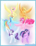 2013 abstract_background absurd_res alternate_species applejack_(mlp) blonde_hair blue_body blue_eyes blue_feathers blue_fur color_partitioning cutie_mark digital_media_(artwork) equid equine feathered_wings feathers female feral fluttershy_(mlp) flying friendship_is_magic fur green_eyes group hair haltie hasbro hi_res horn looking_at_viewer looking_back looking_up mammal mane_six_(mlp) multicolored_hair multicolored_tail my_little_pony mythological_creature mythological_equine mythology orange_body partitioning pink_body pink_hair pinkie_pie_(mlp) purple_body purple_eyes purple_fur purple_hair rainbow_dash_(mlp) rainbow_hair rainbow_tail rarity_(mlp) simple_background superabsurd_res tail text twilight_sparkle_(mlp) two_tone_hair url white_body winged_unicorn wings yellow_body