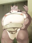 anthro asian_clothing belly big_belly blush clothing east_asian_clothing grey_body japanese_clothing kemono male mawashi moobs navel nipples obese obese_male overweight overweight_male solo udontarai lifewonders tokyo_afterschool_summoners sitri_(tas) domestic_cat felid feline felis mammal 2024 absurd_res hi_res