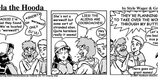 backpack breasts clothed clothed_female clothed_male clothing dialogue female group hair headgear headwear human_only male not_furry restraints straitjacket text style_wager dela_the_hooda mackie_(dela_the_hooda) human mammal 2001 comic english_text greyscale monochrome