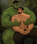 abs arm_hair beard big_muscles big_pecs black_hair blush body_hair bottomwear chest_hair clothed clothing dopq duo embrace eye_contact facial_hair facial_markings green_body hair hairy head_markings hi_res holding_partner hug human human_on_humanoid humanoid humanoid_pointy_ears interspecies intimate larger_humanoid larger_male leg_hair loincloth loincloth_only looking_at_another male male/male mammal markings mostly_nude muscular muscular_human muscular_humanoid muscular_male navel nipples orc pec_grab pec_play pecs ponytail pubes romantic romantic_couple sideburns size_difference smaller_human smaller_male topless topless_male tribal tribal_markings tusks