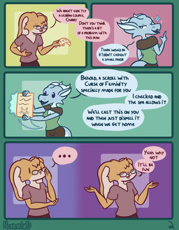 anthro breasts clothed clothing curse dialogue duo eyewear female glasses magic male non-mammal_breasts romantic romantic_couple scroll shortstack simple_background text nokamiwd charop_(nokamiwd) samson_(nokamiwd) kobold lagomorph leporid mammal rabbit scalie absurd_res comic english_text hi_res