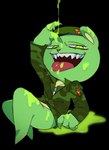 anthro blood bodily_fluids clothed clothing colored_blood green_blood male sharp_teeth solo teeth tongue tongue_out unusual_blood unusual_bodily_fluids opiopaopi happy_tree_friends flippy_(htf) fliqpy_(htf) bear mammal hi_res