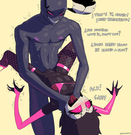 adolescent adult_on_adolescent adult_on_young age_difference anthro asphyxiation big_penis black_body black_fur bodily_fluids breasts choking clothed clothing dialogue dominant dominant_male drooling duo fangs female female_penetrated flat_chested fur genital_fluids genitals interspecies looking_pleasured makeup male male/female male_penetrating male_penetrating_female mascara nipples nude older_male open_mouth open_smile partially_clothed penetration penis questionable_consent rough_sex running_makeup running_mascara saliva sex smile spread_legs spreading submissive submissive_female sweat tears tears_of_pleasure teeth text tongue tongue_out vaginal vaginal_fluids vaginal_penetration vulva young dracreloaded hazbin_hotel hellaverse helluva_boss octavia_(helluva_boss) valentino_(hazbin_hotel) arthropod avian bird demon insect lepidopteran moth owl english_text hi_res signature