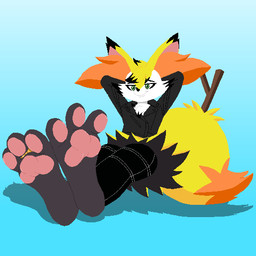 3_toes anthro biped black_body black_fur black_nose cheek_tuft chest_tuft closed_smile clothed clothed_anthro clothed_male clothing digit_ring dipstick_tail eyebrows facial_tuft feet foot_focus front_view fully_clothed fully_clothed_anthro fully_clothed_male fur gradient_background green_eyes hands_behind_head hindpaw hip_tuft inner_ear_fluff jewelry looking_at_viewer male male_anthro markings mouth_closed multicolored_body multicolored_fur object_in_tail orange_body orange_fur orange_inner_ear_fluff orange_tail_tip pawpads paws pink_pawpads pointy_ears prick_ears reclining ring simple_background sitting smile solo stick stick_in_tail tail tail_markings toe_ring toes tuft two_tone_tail white_body white_fur yellow_body yellow_fur yellow_tail cardboardsoda nintendo pokemon axel_(pawhunter) braixen canid generation_6_pokemon mammal pokemon_(species) 1:1 2026 aliasing cel_shading digital_drawing_(artwork) digital_media_(artwork) full-length_portrait lineless portrait shaded
