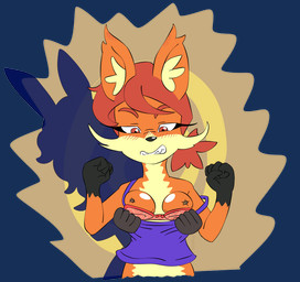 ambiguous_gender angry anthro assisted_exposure black_body black_fur black_nose blush blush_lines bra clenched_teeth clothing convenient_censorship duo ear_blush embarrassed eyebrows female flat_chested food fruit fur grabbing_from_behind hair holidays looking_down looking_down_at_self misleading_thumbnail multicolored_body multicolored_fur orange_(fruit) orange_eyes pink_bra pink_clothing pink_underwear plant pulling_bra pulling_shirt_down purple_clothing purple_shirt purple_tank_top purple_topwear rabbit_ears red_eyebrows red_hair shirt silhouette stuffed_bra tan_body tan_fur tank_top teeth topwear two_tone_body two_tone_fur underwear young young_anthro young_female bisonvega april_fools'_day fox_girl_(bisonvega) canid canine fox lagomorph leporid mammal rabbit 2026 alpha_channel