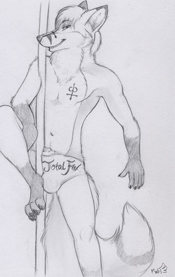 animal_genitalia anthro clothed clothing dancing genitals grey_background male penis penis_tip pole pole_dancing sheath simple_background solo tattoo topless underwear paper-wings canid canine fox mammal 2015 sketch