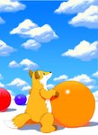 ambiguous_gender anthro ball belly biped blue_sky brown_eyes cloud dipstick_tail gloves_(marking) green_sky inflatable leg_markings looking_up markings orange_body shadow sky socks_(marking) solo tail tail_markings white_belly shockpine animate_inanimate canid canine fox living_inflatable mammal digital_media_(artwork) hi_res