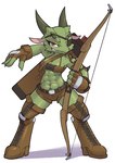 abs anthro archer arrow_(weapon) blush bow_(weapon) breasts clenched_teeth clothed clothing eye_patch eyewear female female_anthro footwear holding_bow_(weapon) holding_object holding_ranged_weapon holding_weapon horn kemono legwear looking_at_viewer muscular muscular_anthro muscular_female quiver_(object) ranged_weapon scales simple_background smile smirk solo teeth weapon white_background sat_v12 kobold reptile scalie 2023 digital_media_(artwork) full-length_portrait hi_res portrait translated_description