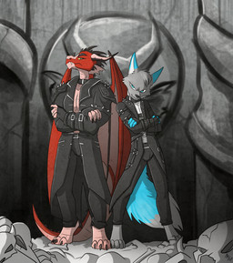 2_horns anthro biped black_bottomwear black_clothing black_coat black_nose black_pants black_topwear blue_markings bottomwear claws clothed clothing coat countershade_face countershade_fur countershade_scales countershade_torso countershading crossed_arms digitigrade dipstick_ears dipstick_tail duo ear_frill ear_markings fangs frill_(anatomy) fur gloves_(marking) green_body green_fur green_markings head_tuft horn leather leather_bottomwear leather_clothing leather_pants looking_at_viewer male markings multicolored_body multicolored_ears pants pose red_body red_scales scales spiked_clothing spikes tail tail_markings tan_body tan_countershading tan_scales teeth toe_claws topwear tuft two_tone_body white_body white_countershading white_fur fuf european_mythology mythology fenerus_(diel4) canid canine canis dragon mammal mythological_creature mythological_scalie scalie western_dragon wolf 2019 hi_res