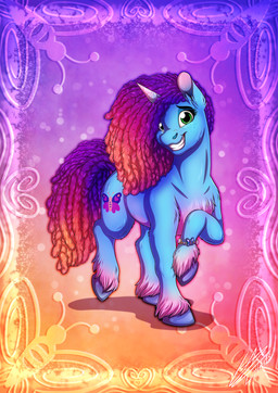 awkward_smile blue_body blue_fur cutie_mark detailed_background dreadlocks female feral fur gradient_hair green_eyes hair hooves horn leg_markings markings pink_body pink_fur purple_hair smile socks_(marking) solo lupiarts hasbro mlp_g5 my_little_pony mythology misty_brightdawn_(mlp) equid equine mammal mythological_creature mythological_equine unicorn absurd_res hi_res