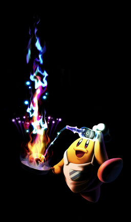 alcohol apron beverage black_background chef_hat clothed clothed_humanoid clothed_male clothing cooking cookware fire frying_pan hat headgear headwear kitchen_utensils male maxim_tomato open_mouth open_smile orange_body simple_background smile solo sparkles sparkling_eyes star text tools 5health kirby_(series) nintendo chef_kawasaki humanoid 2016 absurd_res digital_drawing_(artwork) digital_media_(artwork) french_text hi_res japanese_description translated