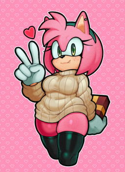 accessory anthro breasts clothing cute_fangs ear_piercing eyelashes fangs female freckled_face freckles fur gesture gift gloves green_eyes hair_accessory hairband hand_gesture handwear heart_pattern_background heart_symbol holding_gift holding_object holidays legwear long_eyelashes looking_at_viewer overweight piercing pink_body pink_fur solo squish stockings sweater teeth thick_thighs thigh_highs thigh_squish topwear v_sign champchidi sega sonic_the_hedgehog_(series) valentine's_day amy_rose eulipotyphlan hedgehog mammal 2026 hi_res
