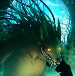 anthro creepy fangs forest green_eyes male multi_teeth open_mouth plant smile solo teeth tongue tree ravoilie canid canine elemental_creature flora_fauna hybrid mammal monster 2021 digital_media_(artwork) hi_res