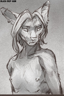 anthro barbell_piercing bodily ear_piercing ears_up emotional facial_hair fur fuzzy hair looking_back looking_pleasured male nipple_piercing nipples piercing pivoted_ears rear_view solo tuft alex-dep-998 felid feline mammal 2023 greyscale half-length_portrait hi_res monochrome portrait sketch