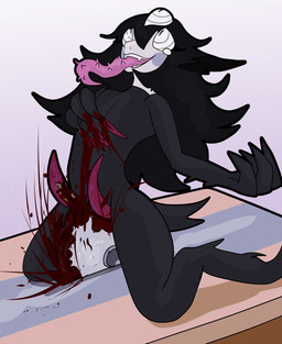 black_body black_hair blood blood_from_penis bodily_fluids clawing erection femboy genitals gore gore_focus hair long_tongue male penis penis_mutilation saw self-harm solo tears tongue tools shizameakanzatsu humanoid nethermare absurd_res hi_res