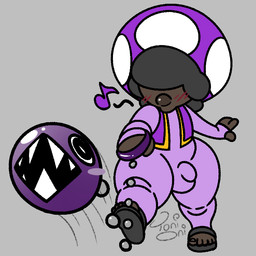 5_toes black_hair blush blush_lines bulge clothing dark_body dark_skin feet footwear fungus glistening glistening_body grey_background hair lips male mushroom mushroom_cap musical_symbol obscured_eyes sandals sharp_teeth shoes simple_background skinsuit smile solo symbol teeth tight_clothing toes topwear vest walking toni_oni mario_bros nintendo fan_character chain_chomp elemental_creature elemental_humanoid fungi_fauna fungi_humanoid humanoid mushroom_humanoid toad_(mario) 1:1 signature