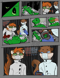 anthro bound chain chained clothing coat comic_panel dialogue examination_table eyewear female glasses gloves group handwear lab_coat male male/female male/male mask otter_tail scanner text topwear trio tuft spicymustelid rain_world videocult jameson spice tuft_(character) gulonine mammal marten mustelid musteline otter pine_marten slugcat absurd_res comic english_text hi_res