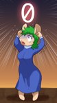 anthro bodily_fluids clothed clothing crying dress female fur green_hair hair hand_on_head imminent_death number open_mouth purple_eyes scared shaking solo sweat tan_body tan_fur tears melonleaf lemmings cricetid lemming mammal rodent hi_res