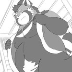 anthro belly big_belly humanoid_hands kemono male moobs navel nipples overweight overweight_male solo raipon tamacolle ailurid mammal red_panda 1:1 2024 absurd_res hi_res monochrome