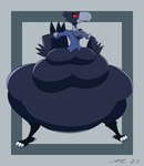 anthro black_body black_feathers blue_cloth blue_clothing blue_suit bottom_heavy bottomless bottomless_anthro bottomless_female clothed clothing feathers female morbidly_obese morbidly_obese_anthro morbidly_obese_female obese obese_anthro obese_female overweight overweight_anthro overweight_female red_eyes suit dirtymac mac-daddy avian bird corvid corvus_(genus) demon oscine passerine raven absurd_res hi_res