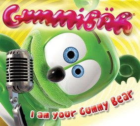 brown_eyebrows cd eyebrows food green_body green_skin microphone_stand simple_background yellow_background pete_dodd_(artist) gummybear_and_friends gummibar food_creature 2007 3d_(artwork) cover digital_media_(artwork) official_art