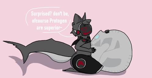 anthro belly big_belly duo femboy_pred machine male male/male male_pred male_prey shark_tail sitting sitting_on_knees size_difference smaller_pred smug_pred thick_thighs tight_bulges unwilling_prey vore eviltoaster05 eviltoaster protogen synth_(vader-san) hi_res