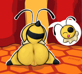 antennae_(anatomy) anthro anus arthropod_abdomen butt butt_focus curtains female genitals looking_at_viewer neck_tuft one_eye_closed presenting presenting_hindquarters raised_tail rear_view solo spread_legs spreading stinger tail text tongue tongue_out tuft vulva wink winking_at_viewer pincoosh bug_fables moonsprout_games vi_(bug_fables) arthropod bee hymenopteran insect artist_name digital_media_(artwork)