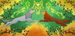 art_nouveau autumn branch duo eyes_closed female feral forest fur glowing grey_body grey_fur leaf plant red_body red_fur tree seta_kendir cartoon_saloon wolfwalkers mebh_og_mactire robyn_goodfellowe canid canine canis mammal wolf 2020 hi_res