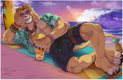 accessory anthro beach bottomwear bulge claws clothing detailed_bulge eyewear fur furgonomics genital_outline hair jewelry licking licking_lips looking_at_viewer male male_anthro necklace penis_outline shirt shorts solo sunglasses tail tail_accessory tailband toe_claws tongue tongue_out topwear wave xenonnero epic_games fortnite kingston_(fortnite) felid lion mammal pantherine hi_res